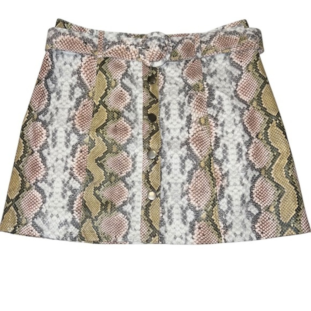 The Impeccable Pig M pink & gray faux snakeskin button front A-line mini skirt